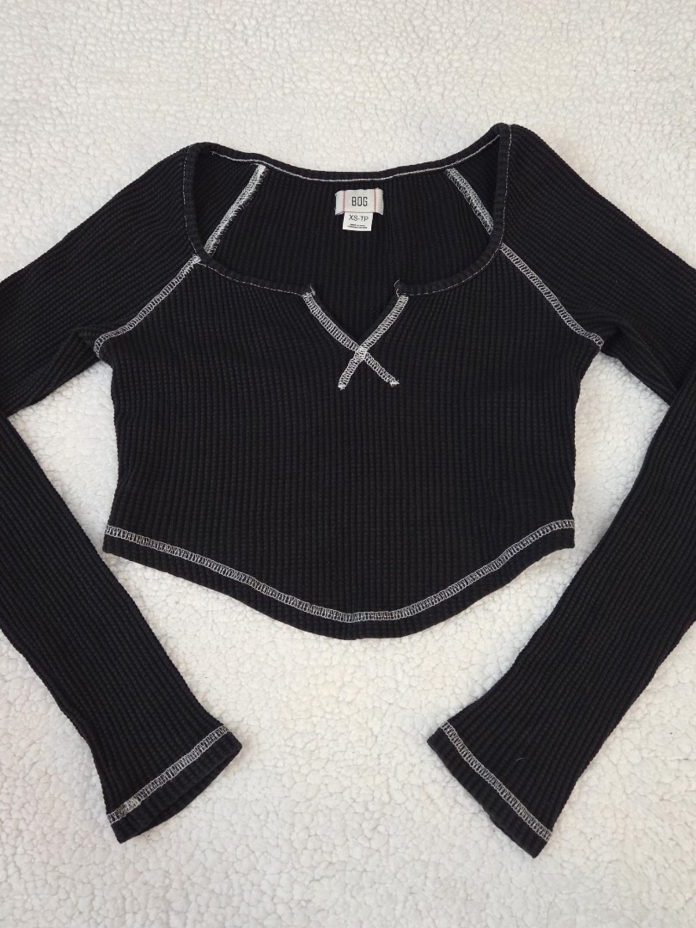 BDG Long Sleeve Cropped Top Thermal Waffle Knit Black